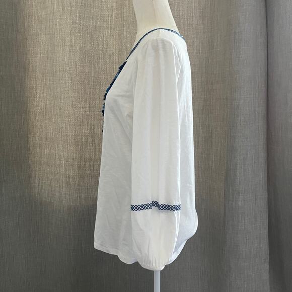 Boden Split Neck Tassel Front Embroidered Tunic Boho Top White Blue Medium - Picture 4 of 7